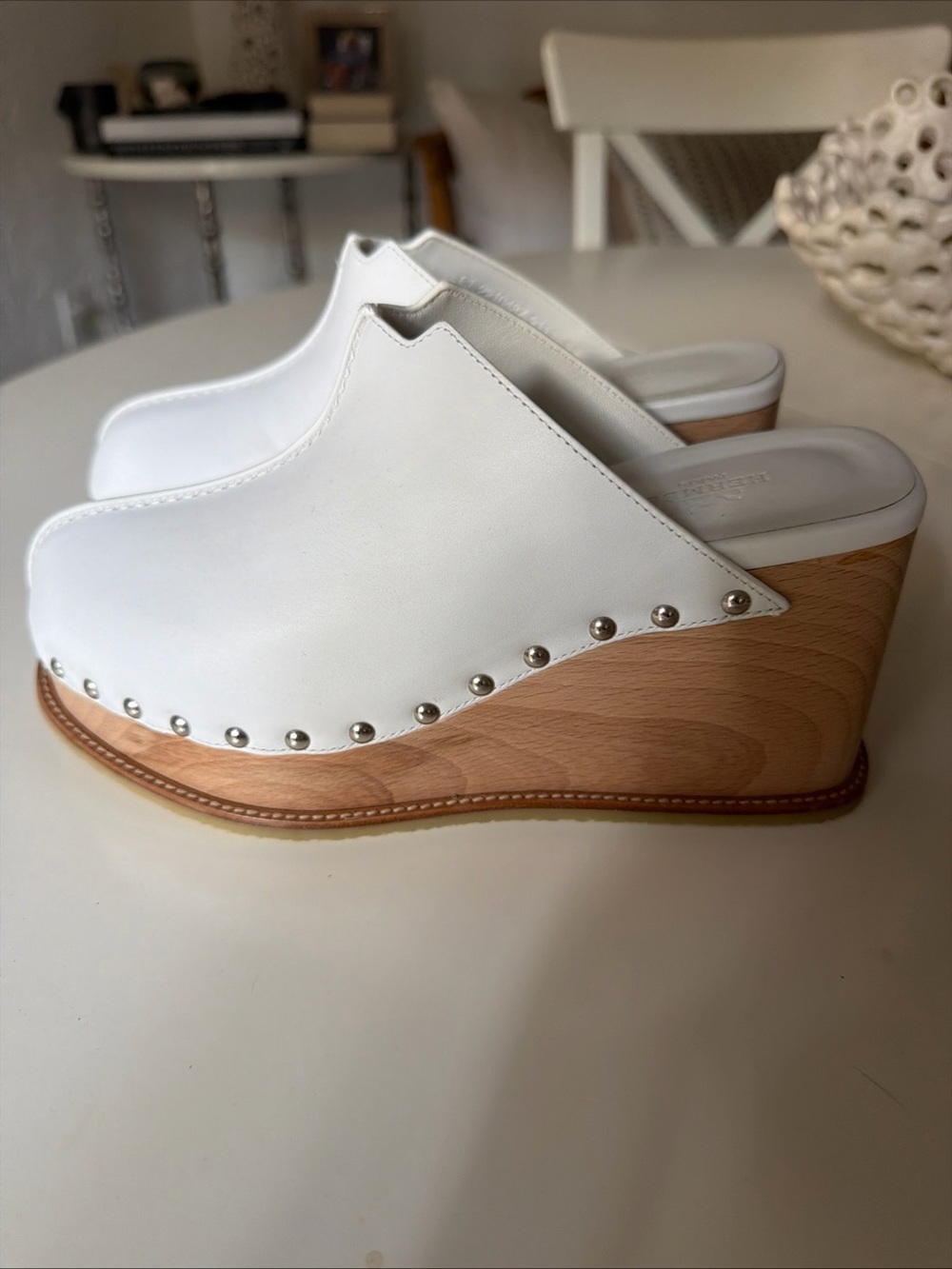 White Leather Studded Wooden Wedge Clogs